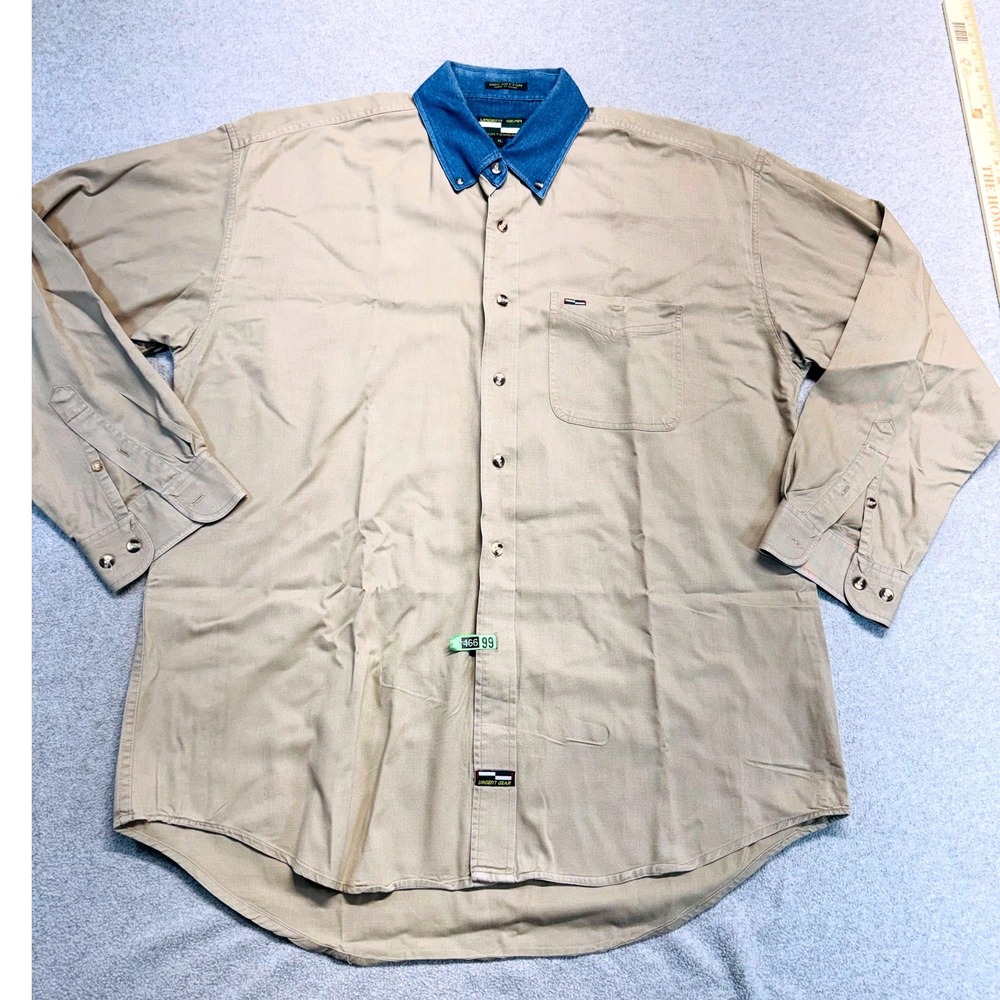 Urgent Gear Button Down Mens XL Khaki Tan Denim Contrast Collar 90s Streetwear